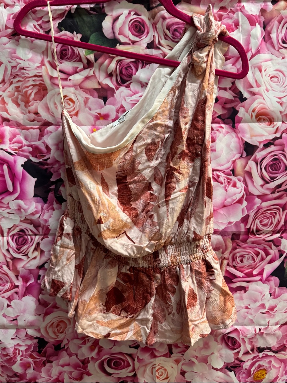 One-Shoulder Floral Print Peplum Top — Pink, Cream, Brown